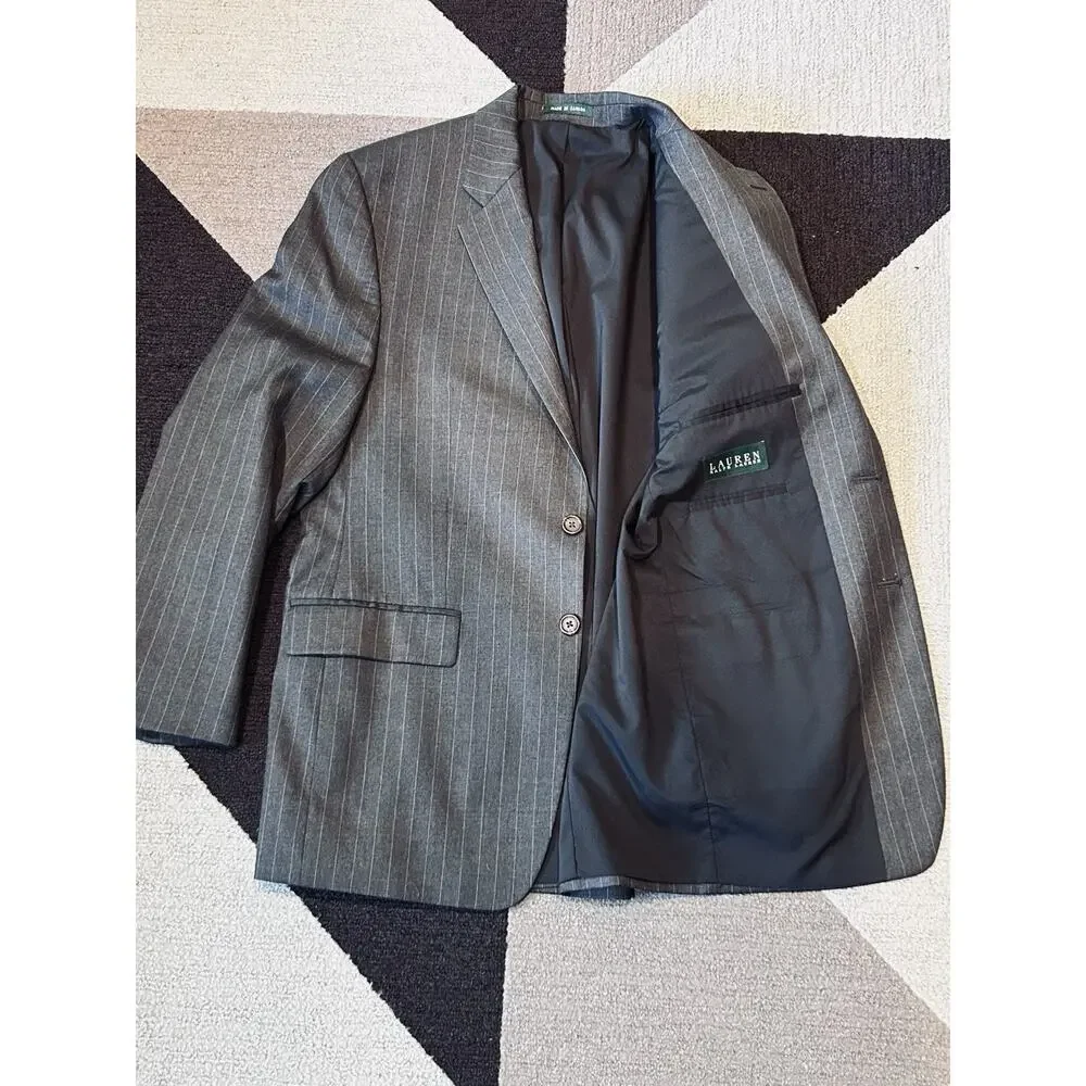 Lauren Ralph Lauren Mens Blazer Two-Button Striped Gray Formal‎ Suit Jacket 40R